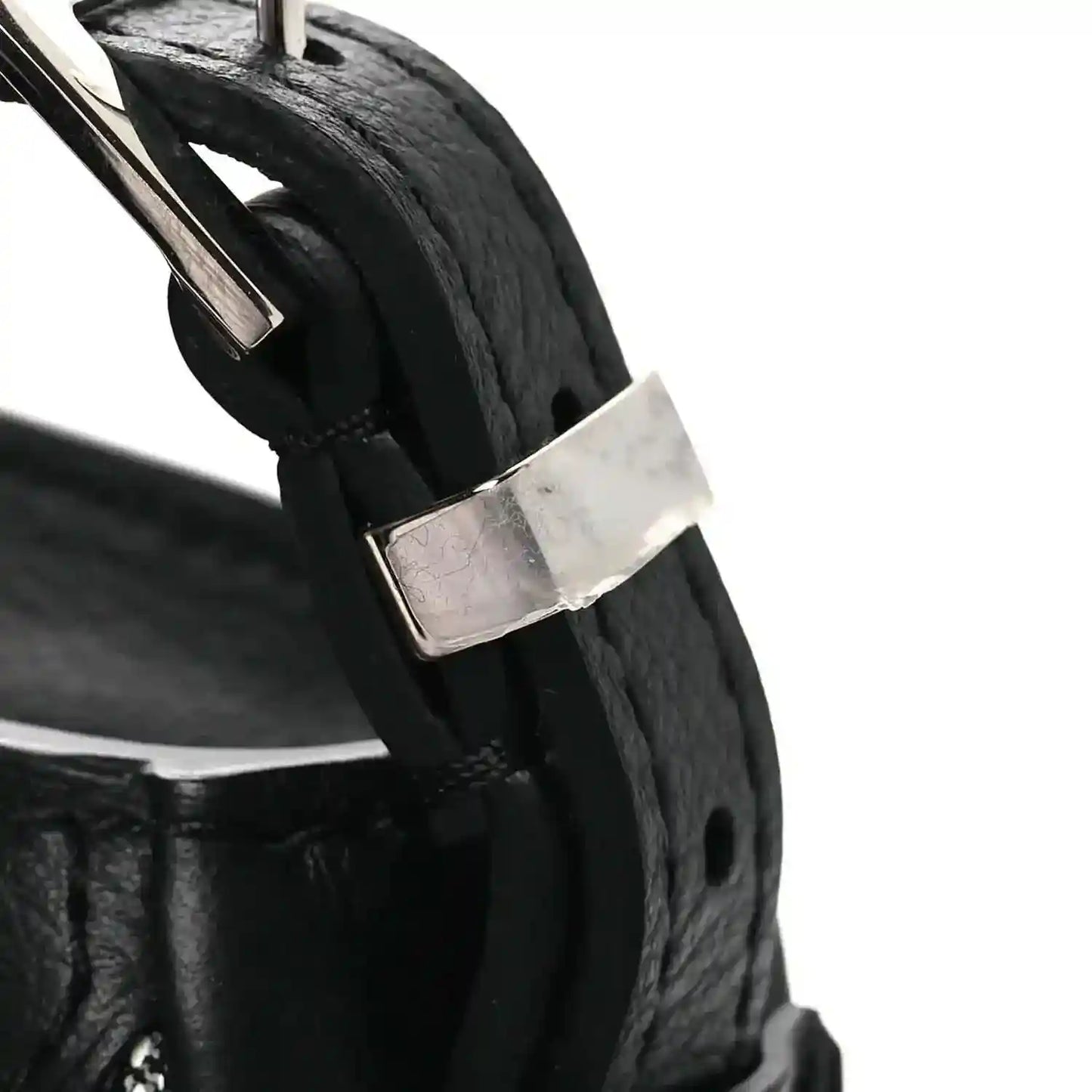Black coated canvas handbag strap with silver metal buckle and stitched edge