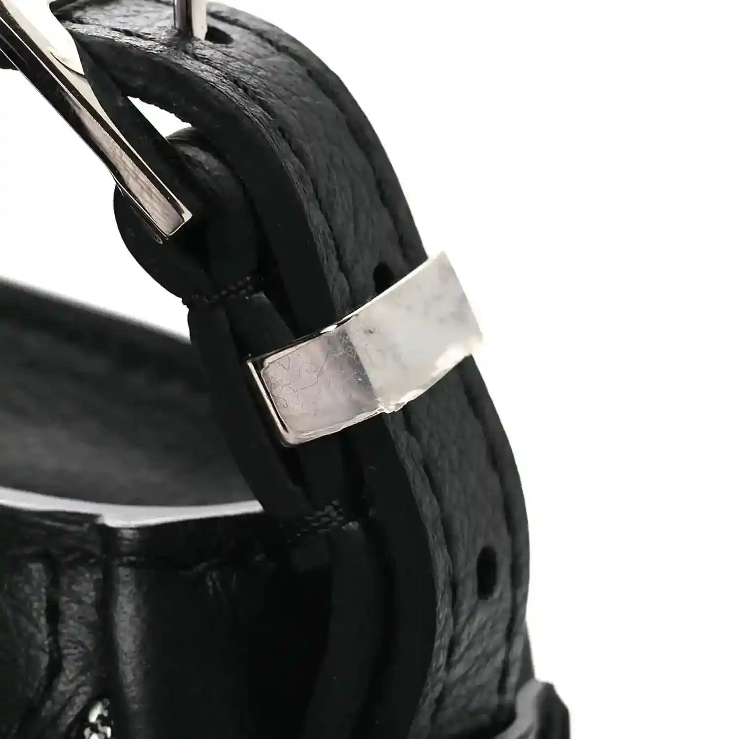 Black coated canvas handbag strap with silver metal buckle and stitched edge