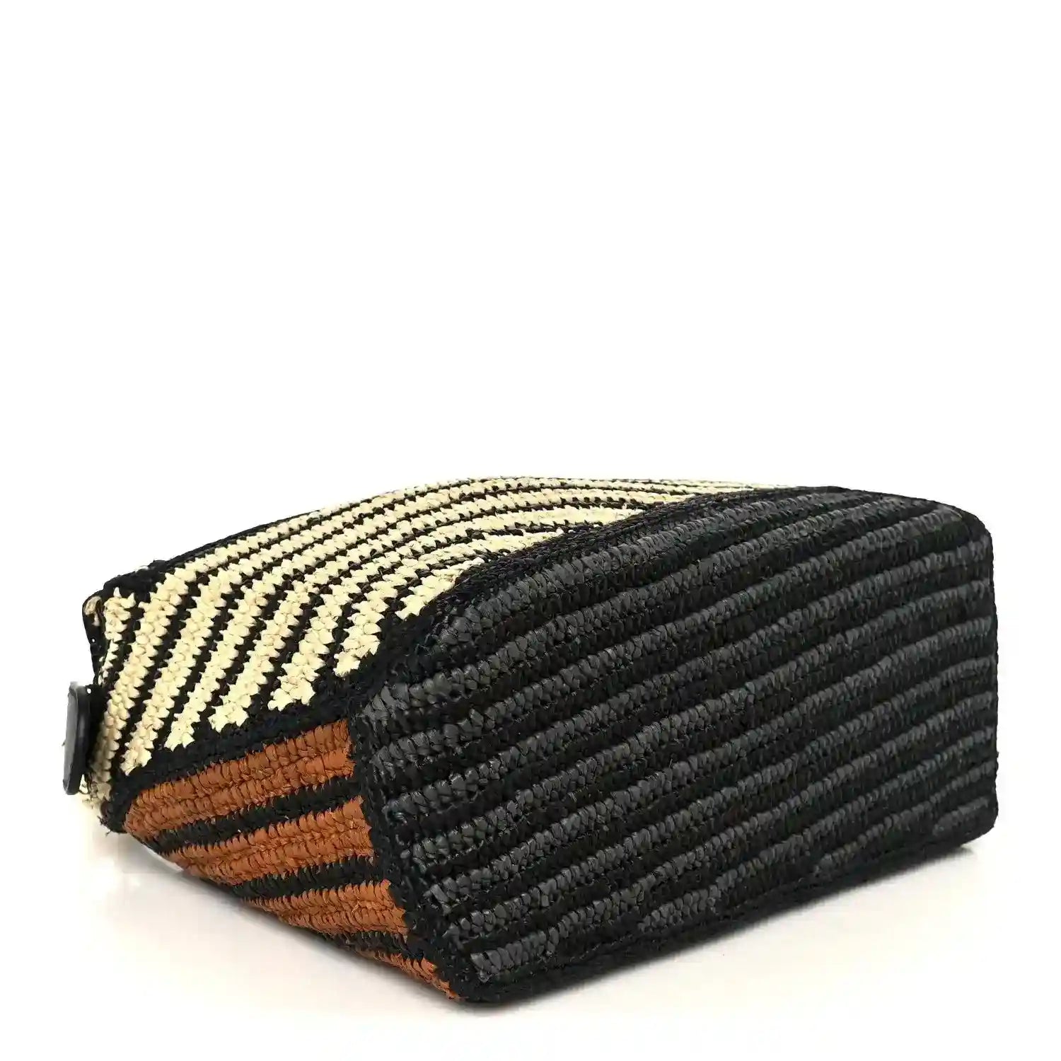 Small raffia puzzle bag side view with black textured leather panel and striped weave