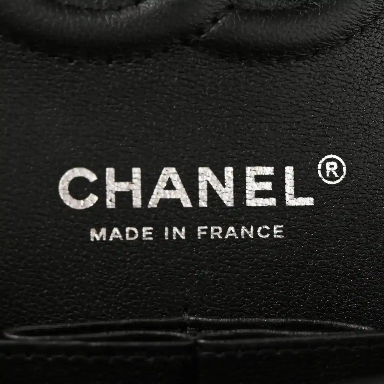 CHANEL lambskin flap bag lining text: CHANEL and Made in France