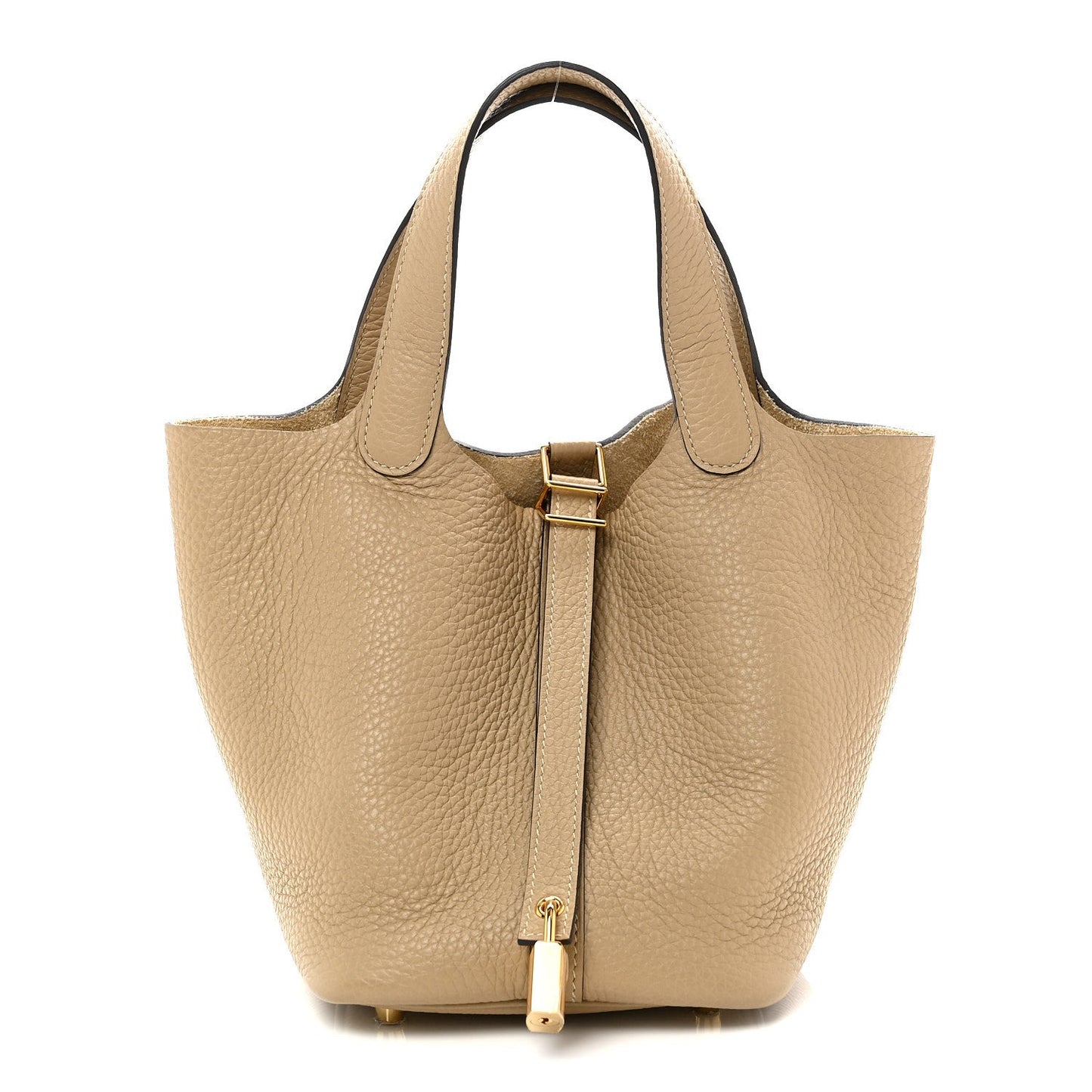 Beige grained calfskin bucket handbag with top handles and gold lock clasp.