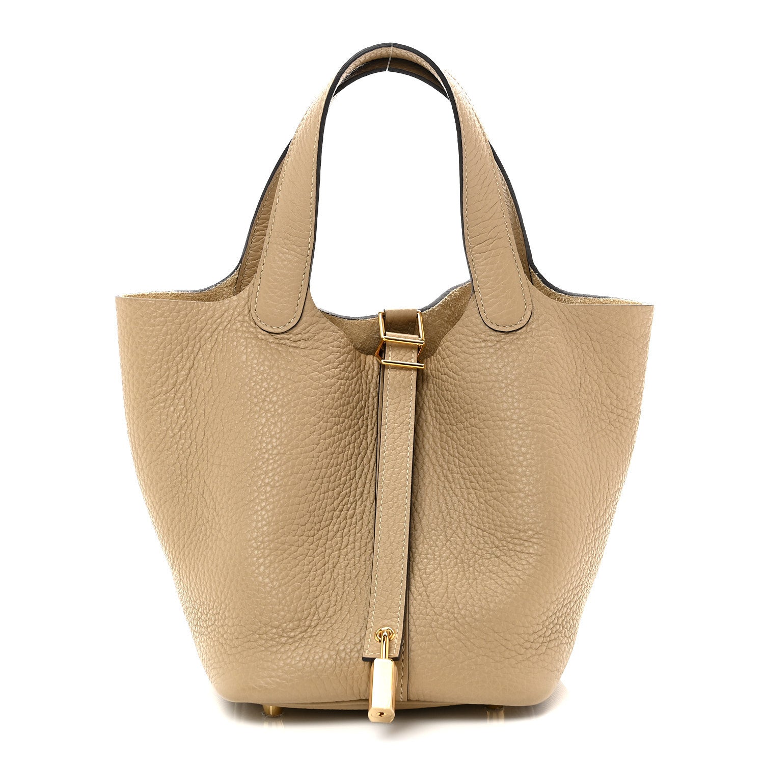 Beige grained calfskin bucket handbag with top handles and gold lock clasp.