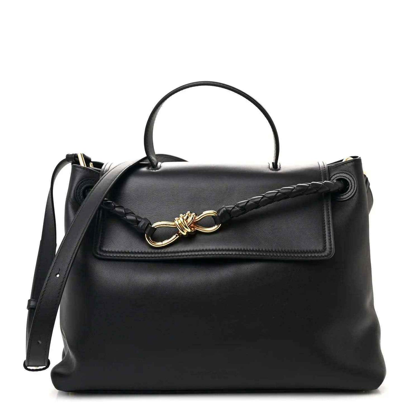 Black leather shoulder bag with top handle, braided strap and gold clasp.