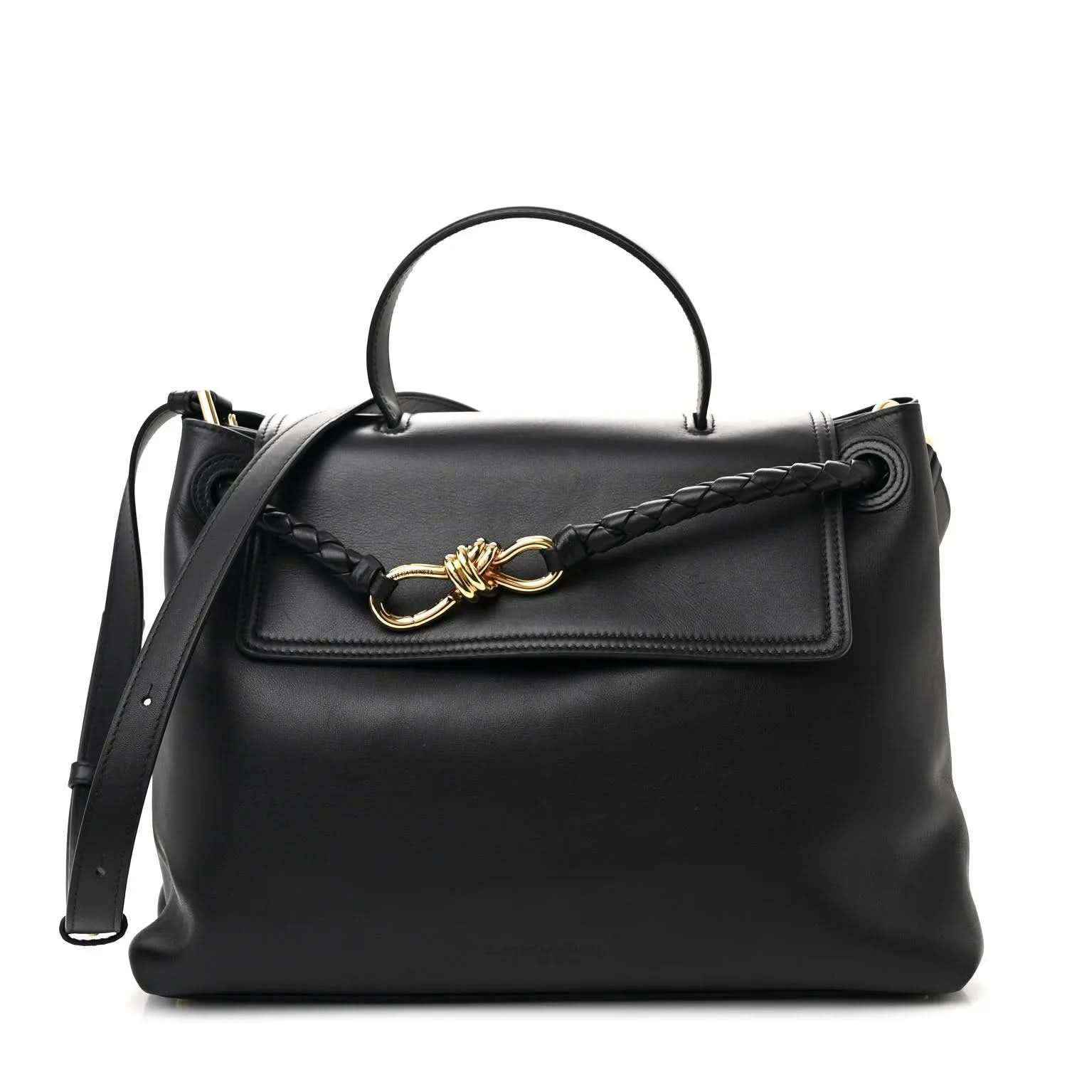 Black leather shoulder bag with top handle, braided strap and gold clasp.