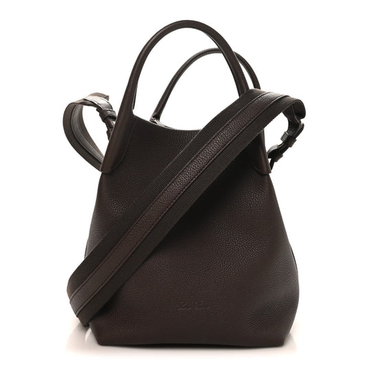 Dark brown grained calfskin small bale bag with top handles and shoulder strap
