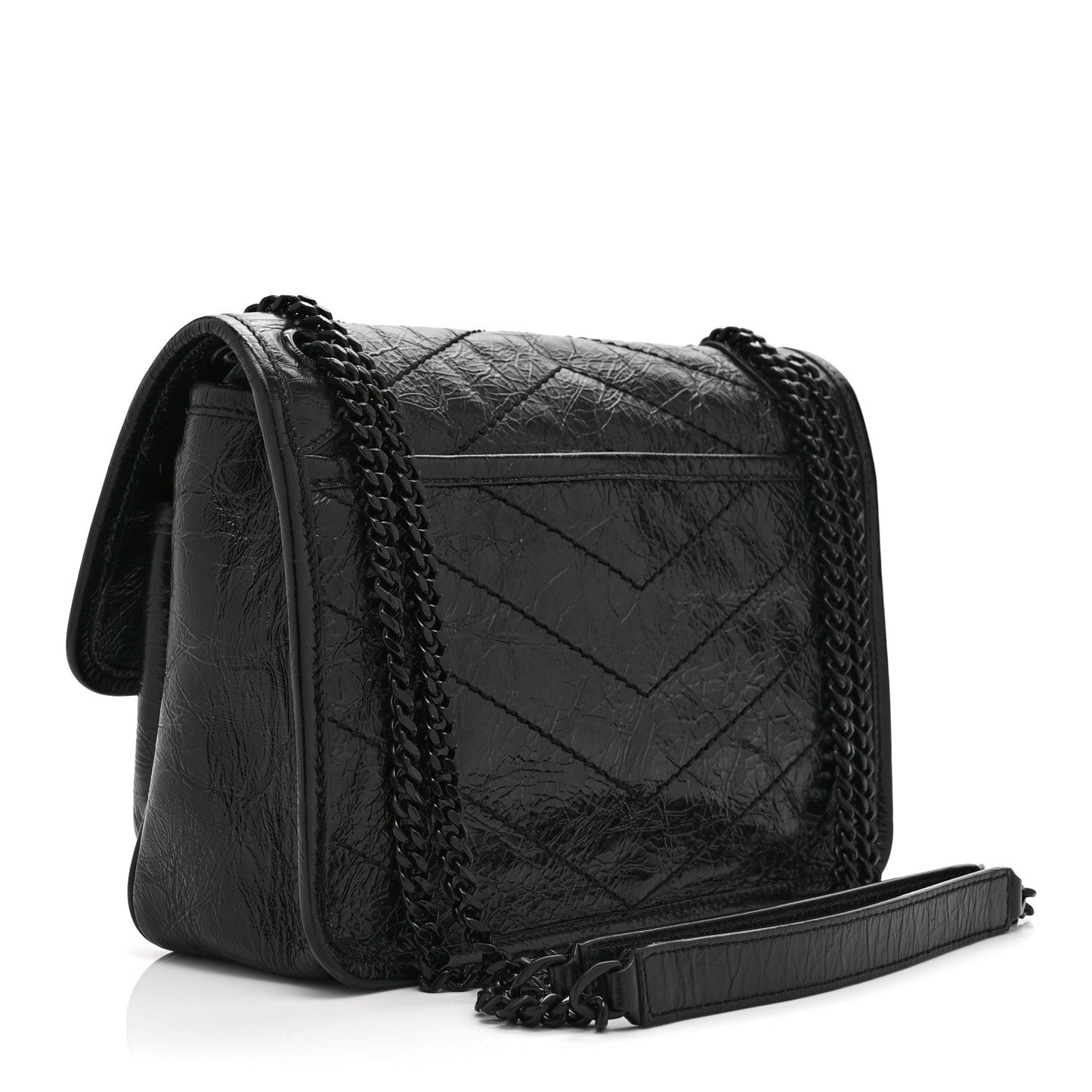 Black crinkled calfskin satchel bag with front flap and braided chain strap