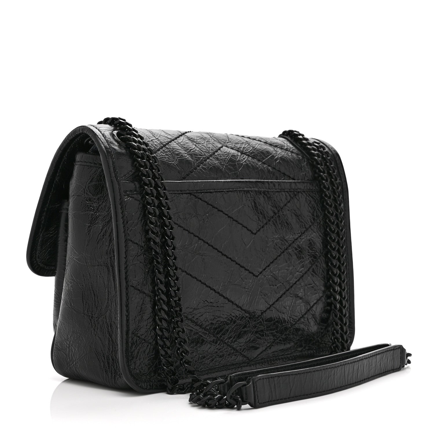 Black crinkled calfskin satchel bag with front flap and braided chain strap