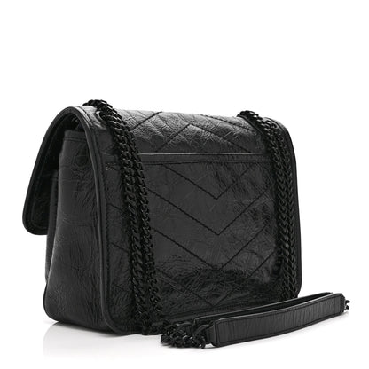 Black crinkled calfskin satchel bag with front flap and braided chain strap