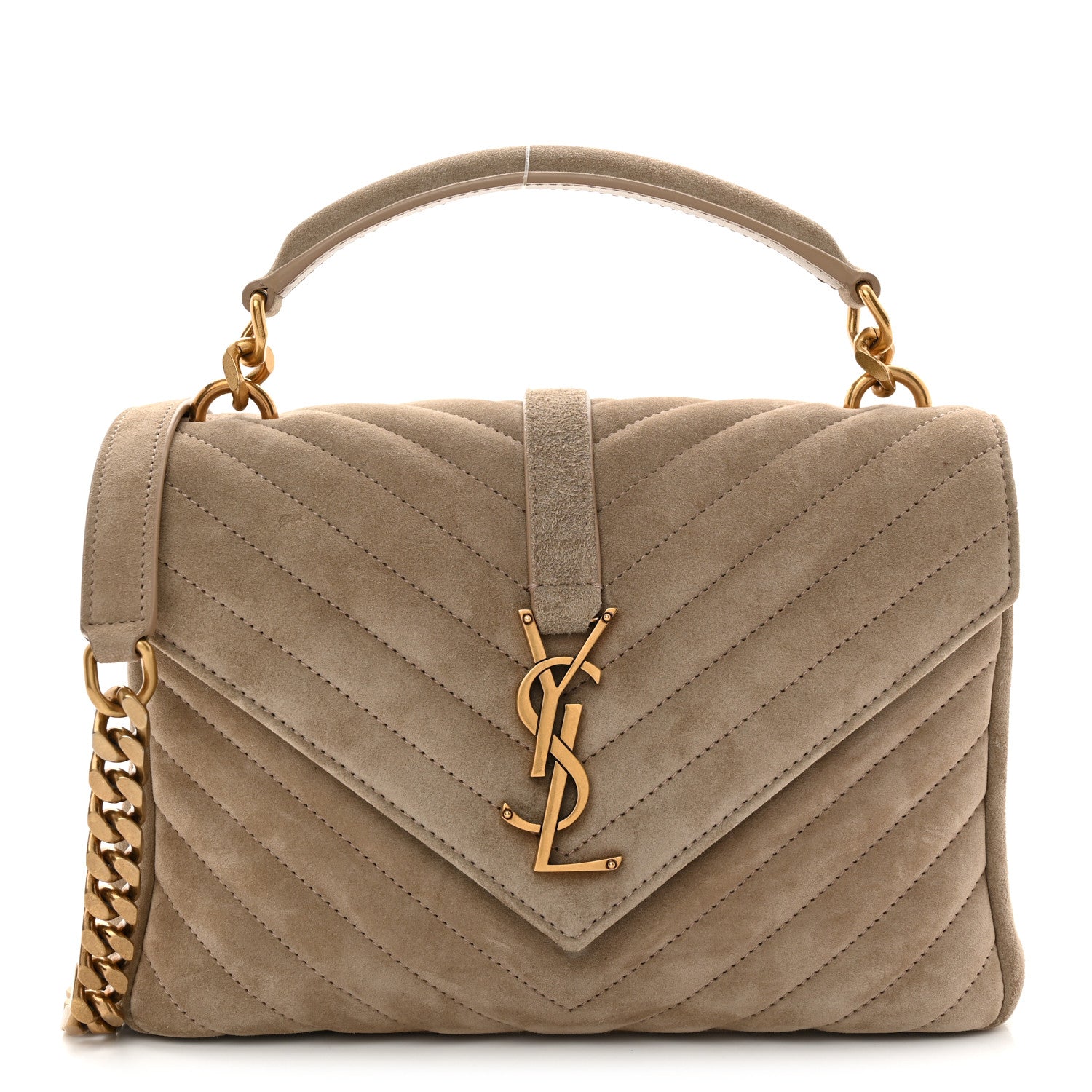 Taupe suede quilted shoulder bag with chevron pattern and YSL monogram clasp