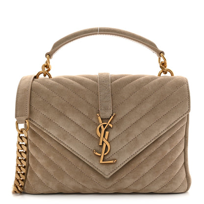 Taupe suede quilted shoulder bag with chevron pattern and YSL monogram clasp
