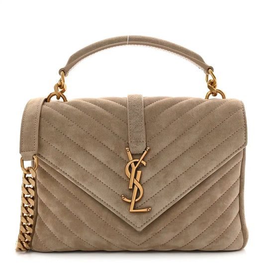 Taupe suede quilted shoulder bag with chevron pattern and YSL monogram clasp
