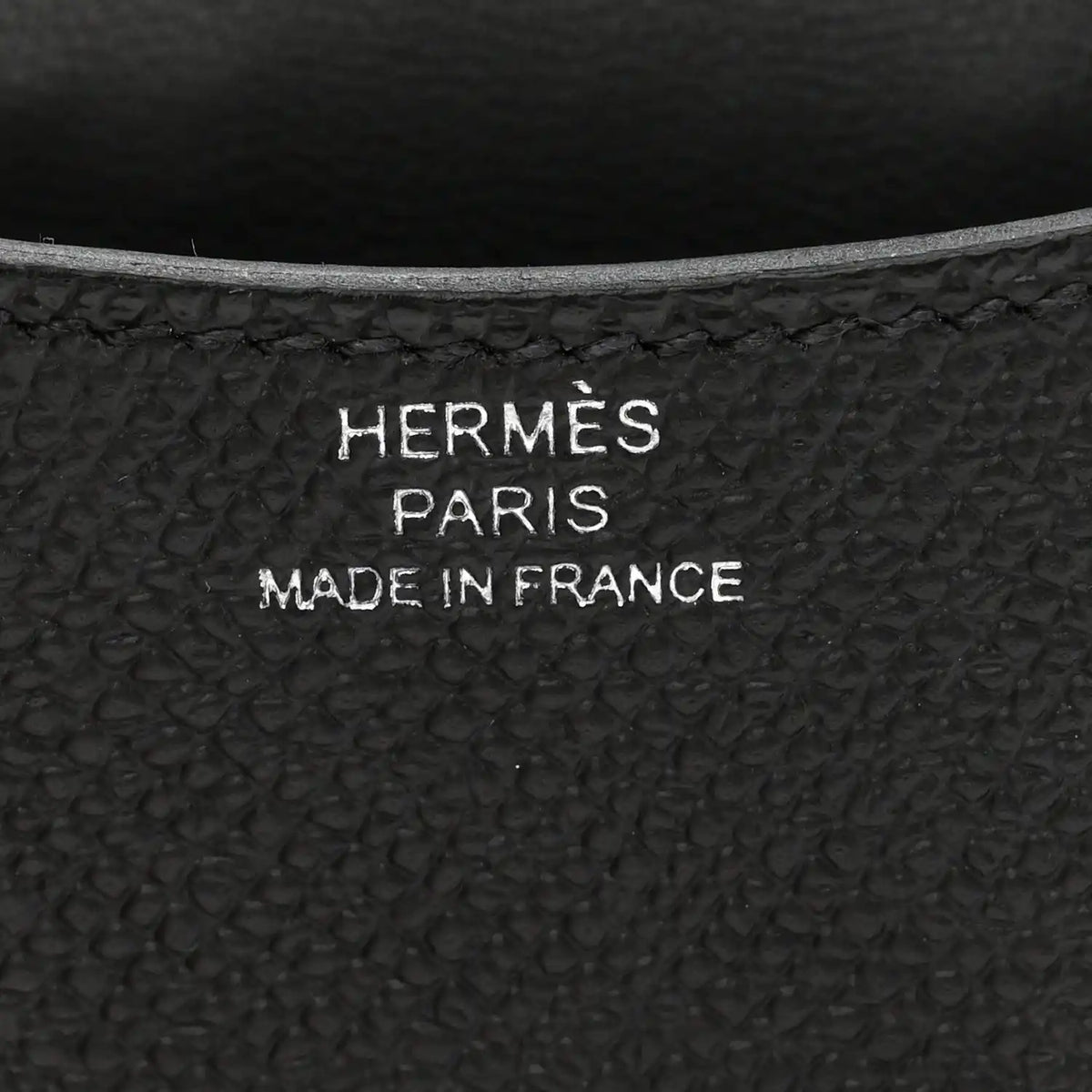 Leather lining label with HERMES PARIS MADE IN FRANCE text.