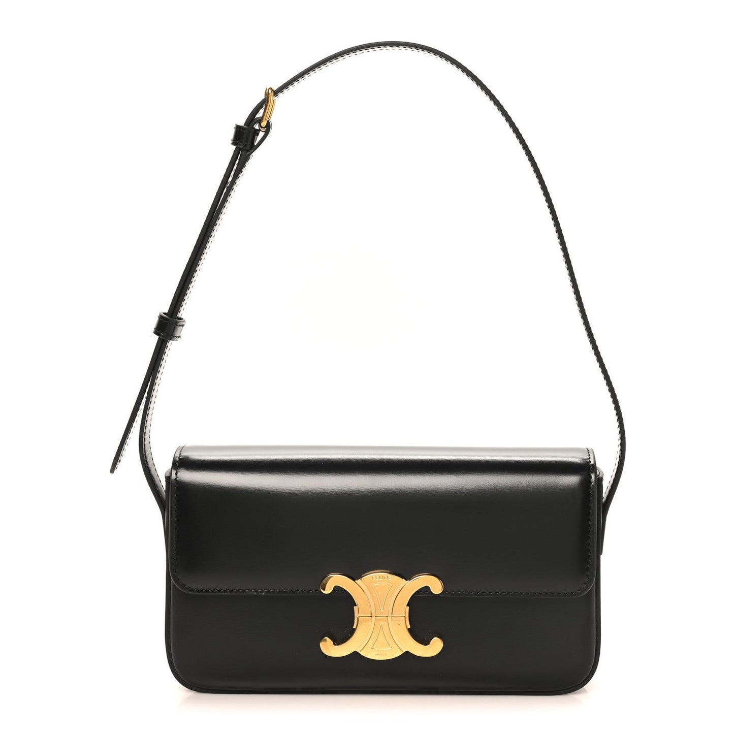 Celine shiny black calfskin shoulder bag with Triomphe clasp and top handle strap