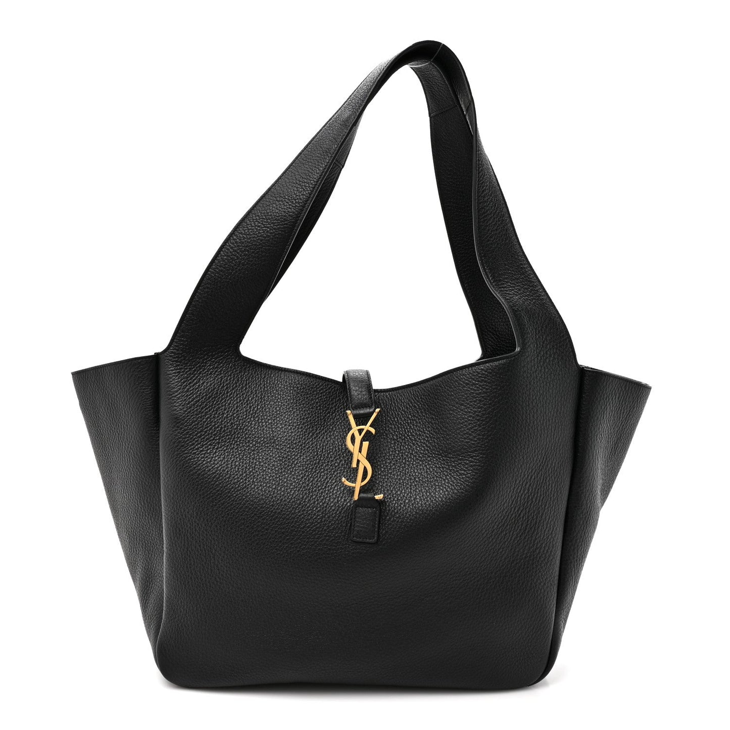 Black grained deerskin Bea tote with long handles and gold YSL charm at front