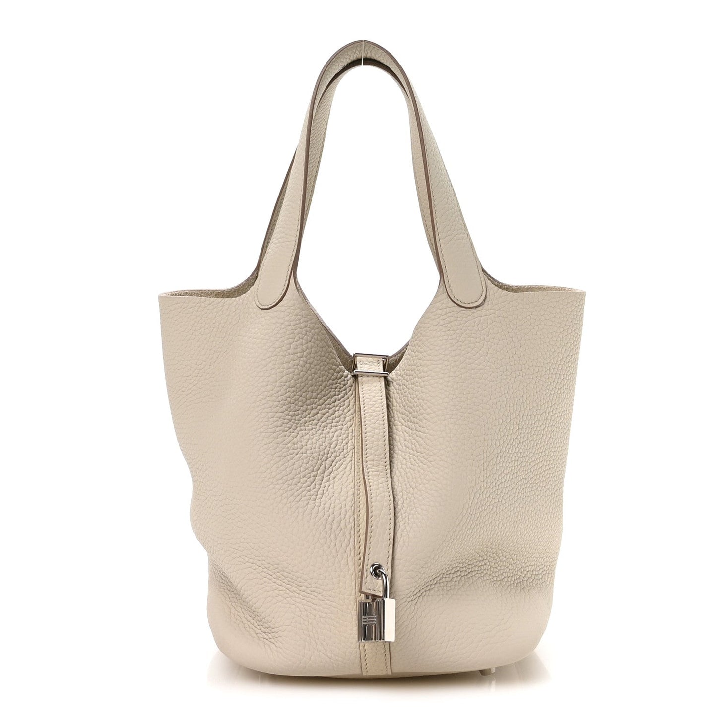 Ivory leather tote bag with top handles and metal lock detail