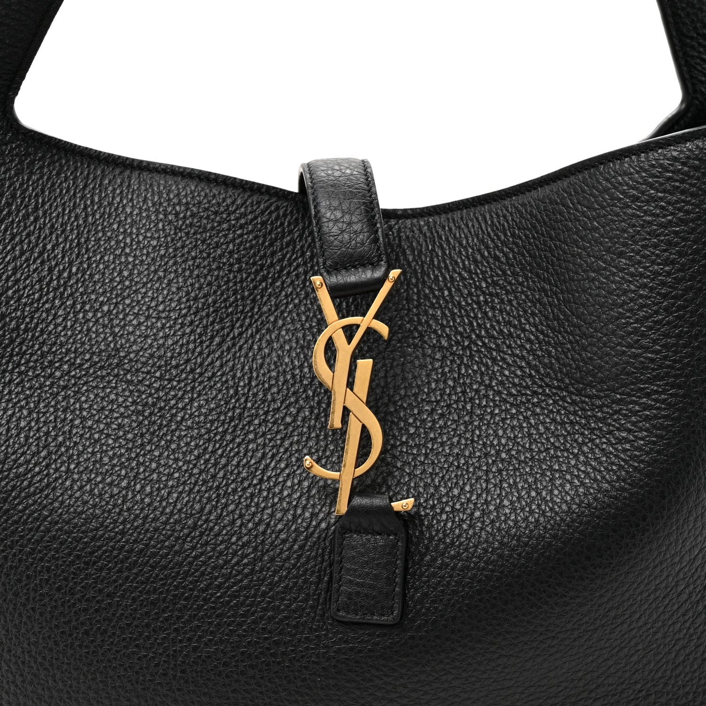 Black grained leather Bea tote close-up of gold YSL logo charm on strap