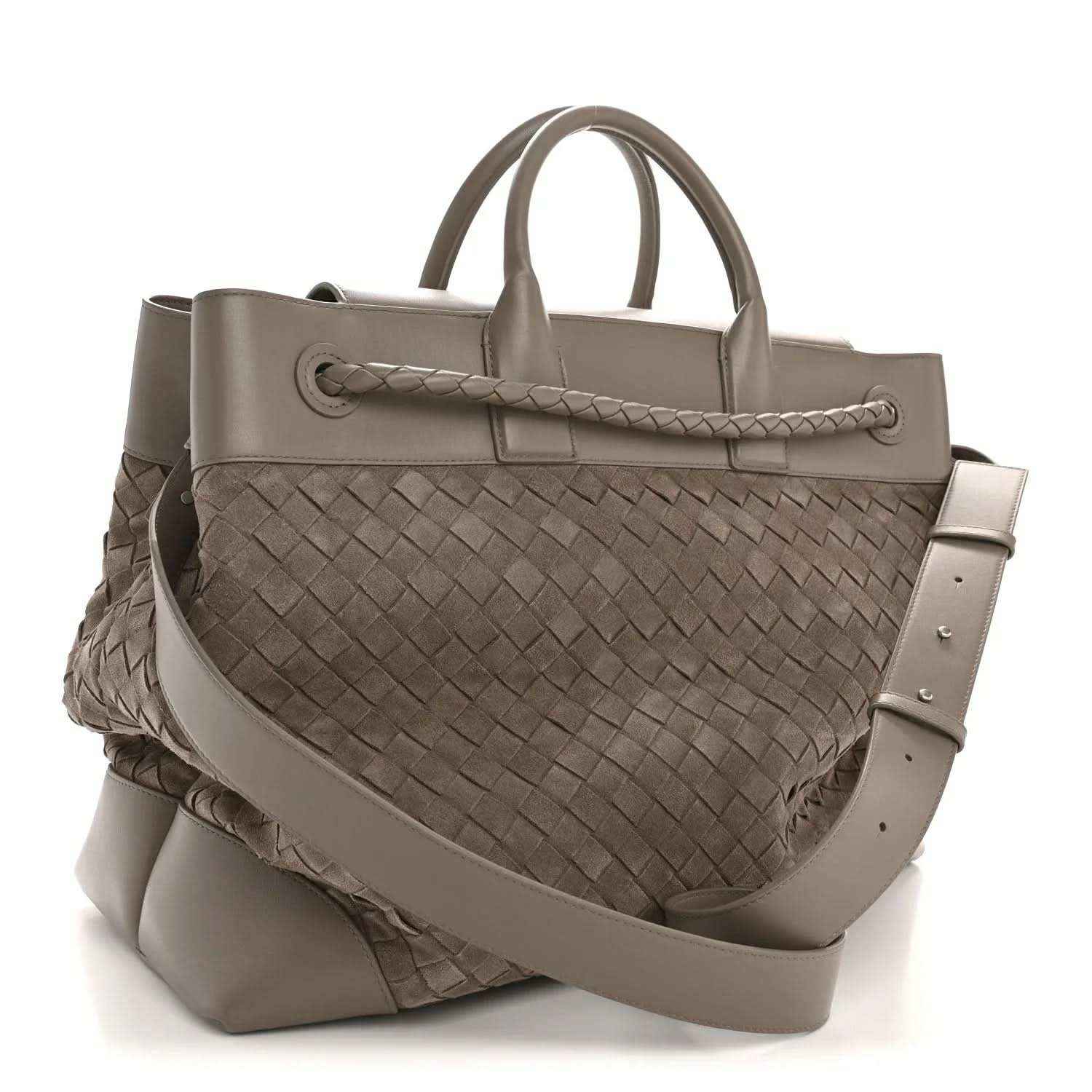 Bottega Veneta suede intrecciato tote bag, limestone, braided front panel and strap