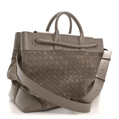 Bottega Veneta suede intrecciato tote bag, limestone, braided front panel and strap