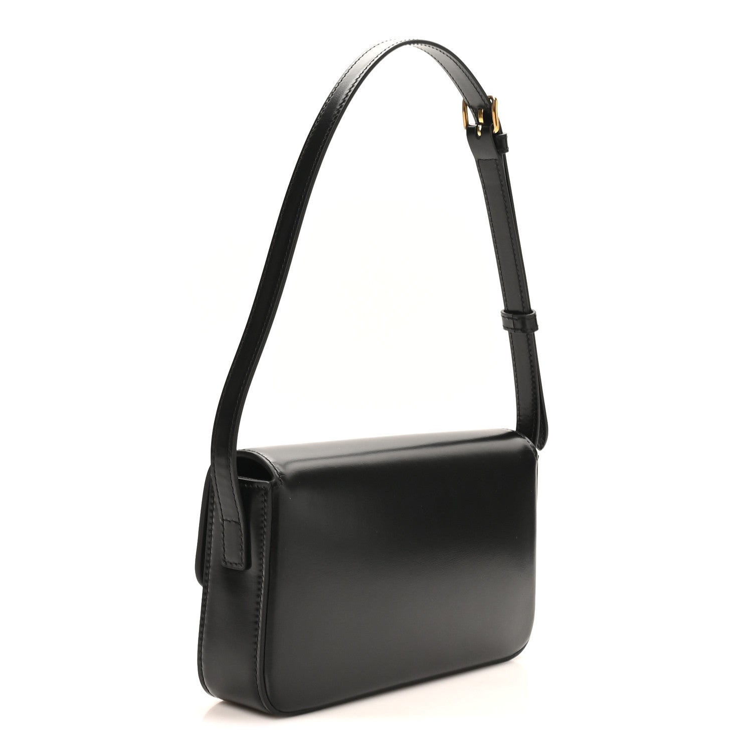 Celine shiny black calfskin shoulder bag with gold Triomphe logo and curved flap