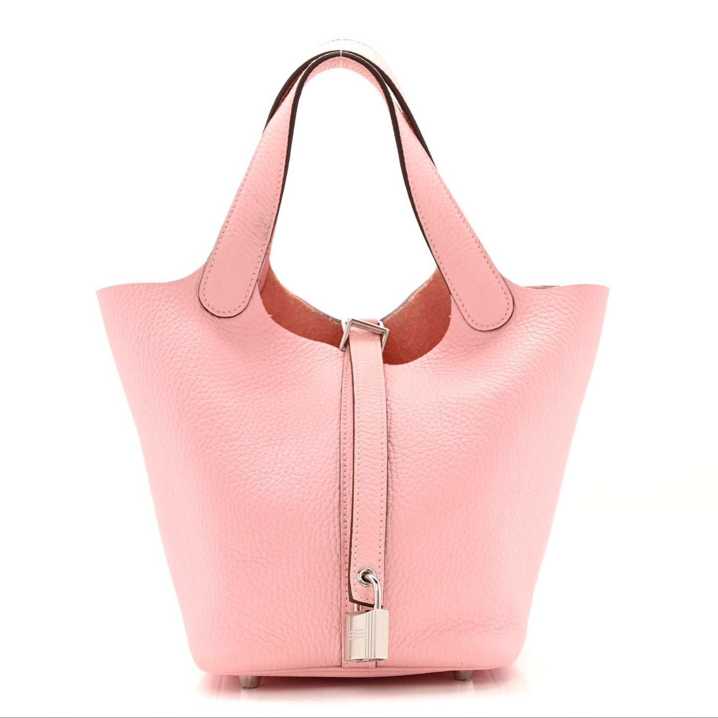 Rose pink leather tote handbag with top handles and hanging front lock