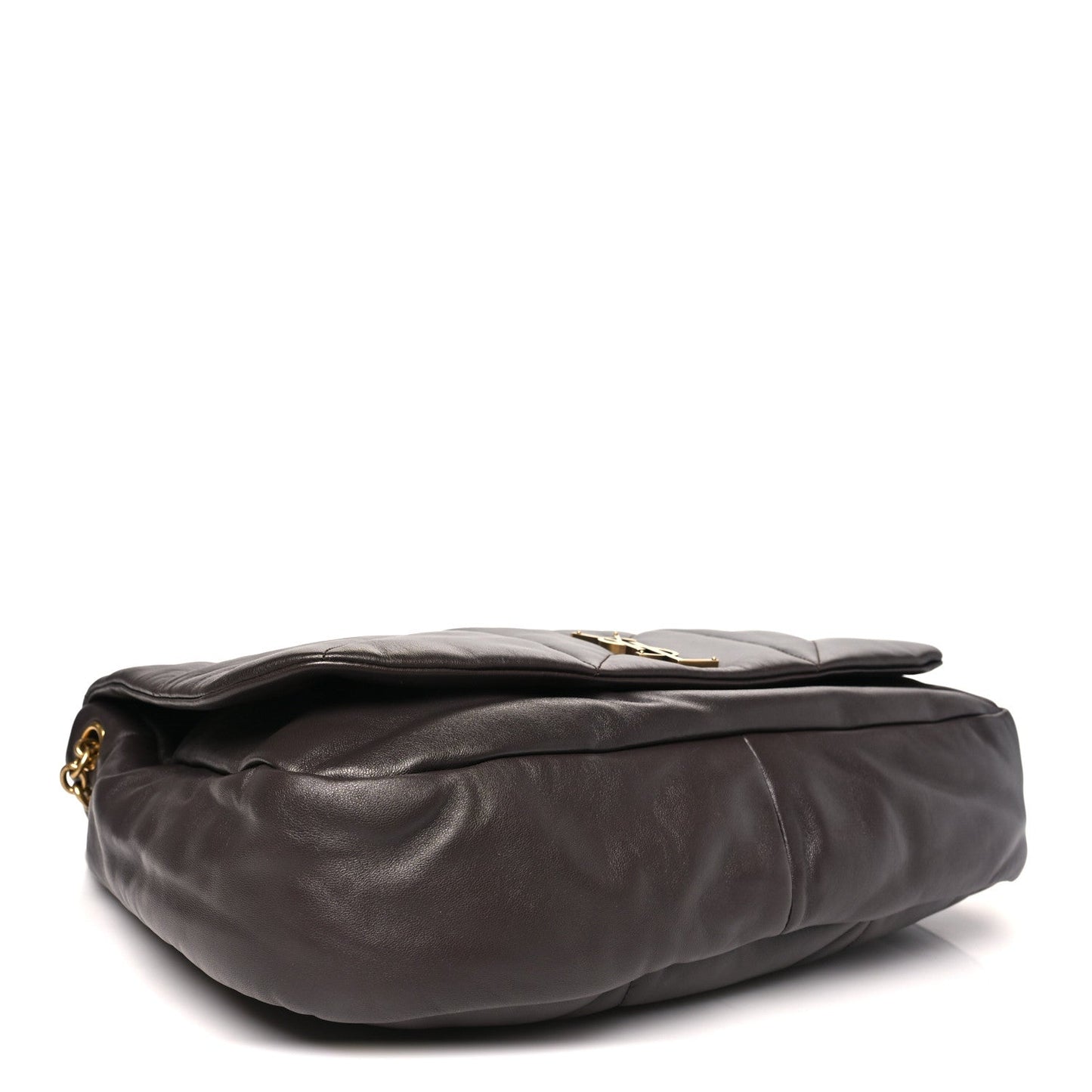Saint Laurent lambskin quilted shoulder bag, dark brown, gold-tone hardware, side view.