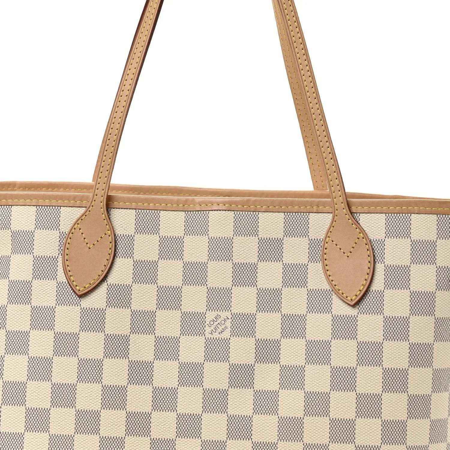 Damier Azur tote bag with tan leather handle tabs and top straps