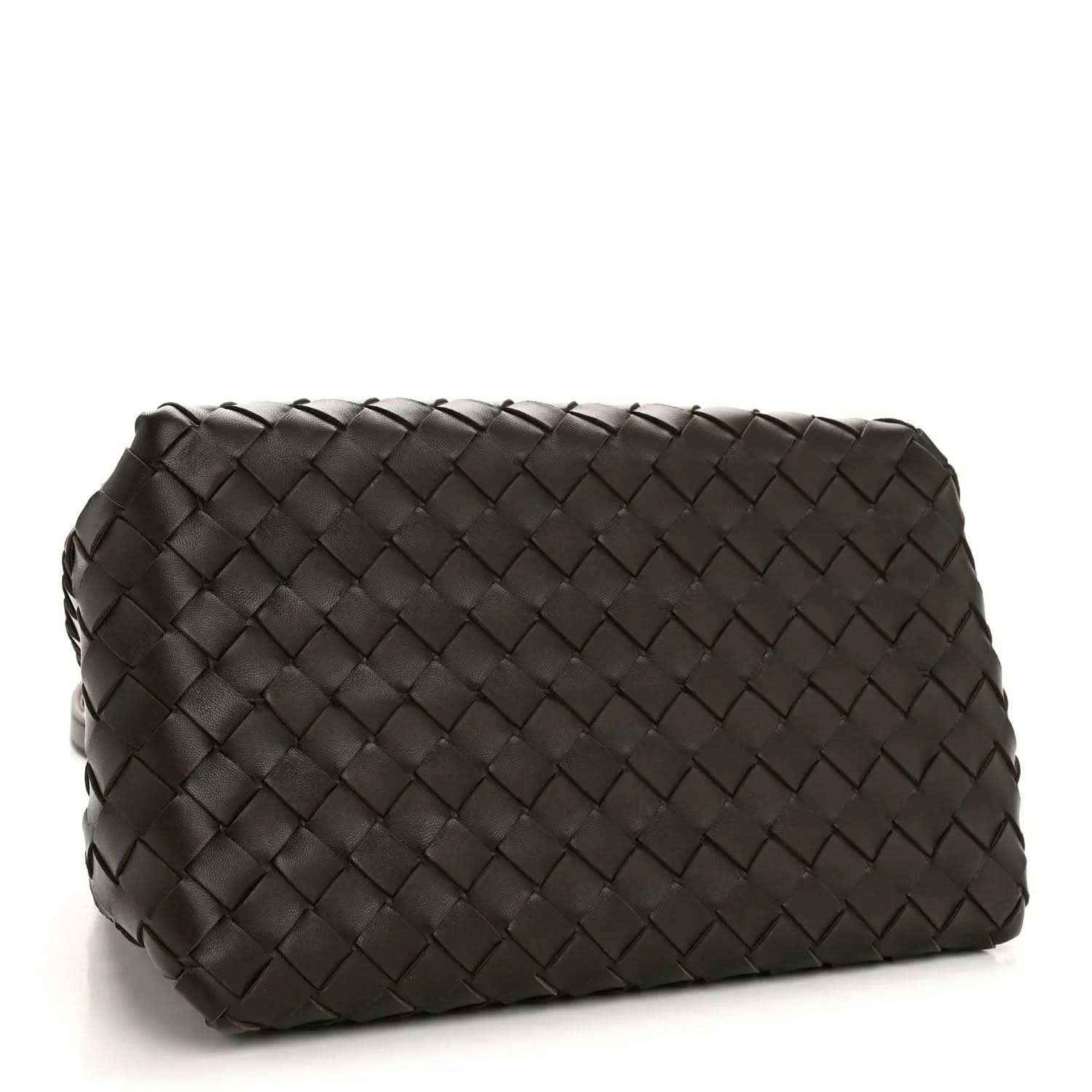 Black intrecciato weave leather shoulder bag with rounded top edge