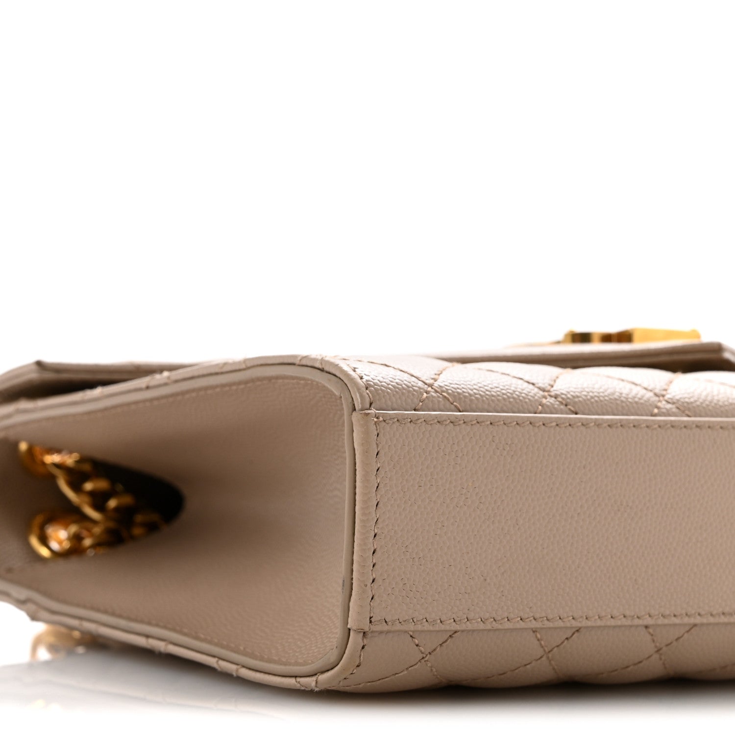 Beige quilted satchel side with gold chain detail and stitched edge