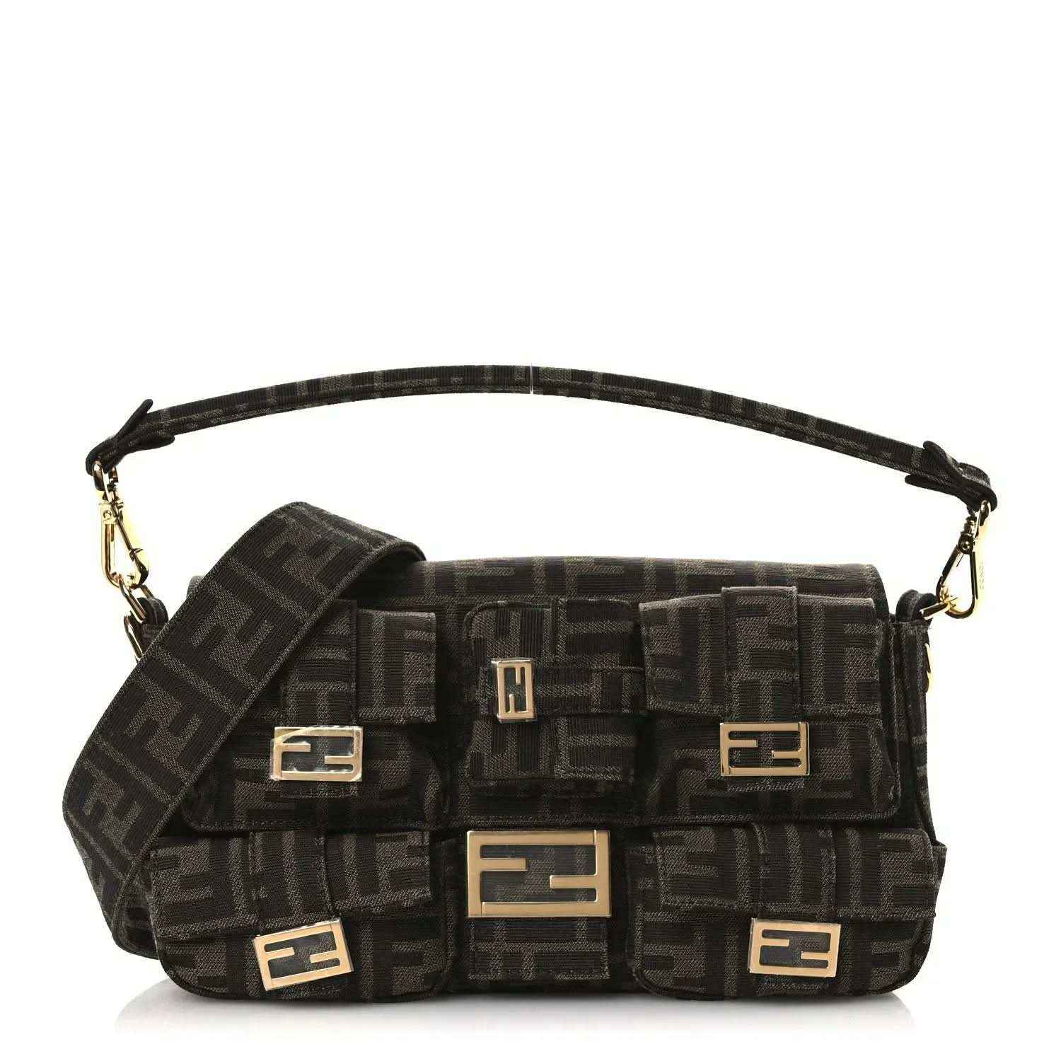 Fendi FF jacquard baguette bag with flap and multiple pockets, dark brown with gold hardware