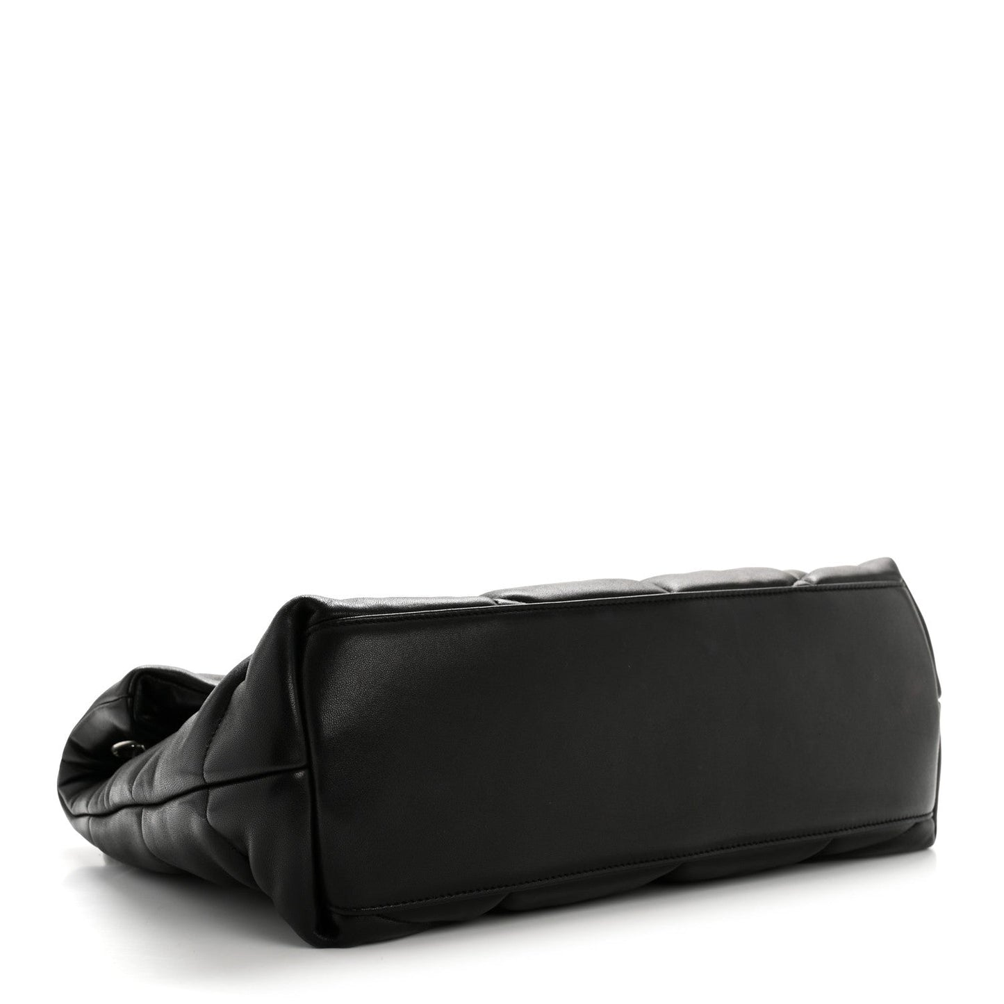 Black quilted puffer satchel with smooth trim edges, side angle view
