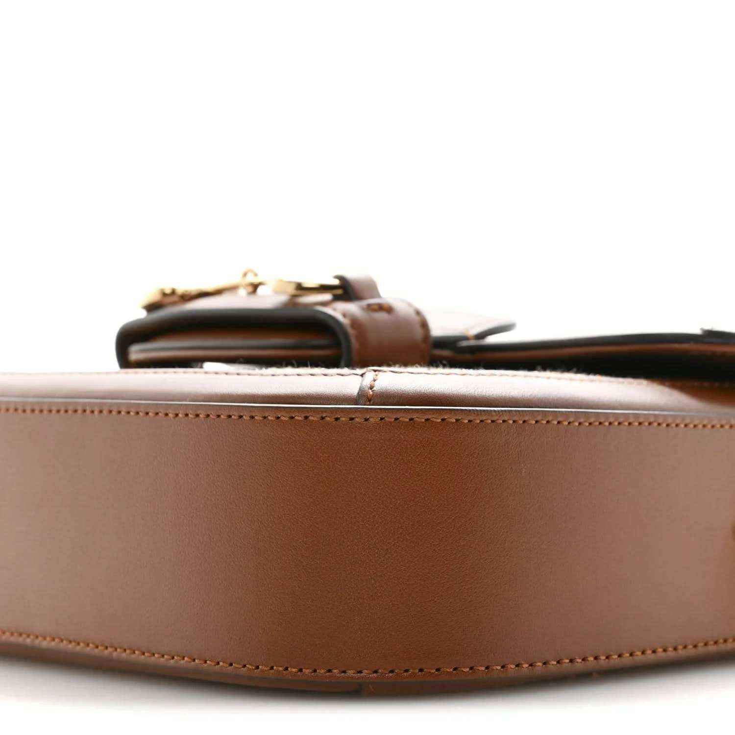 Mini shoulder bag side profile with brown leather base and gold-tone hardware detail