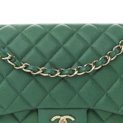 Green quilted caviar leather jumbo double-flap bag with gold chain strap