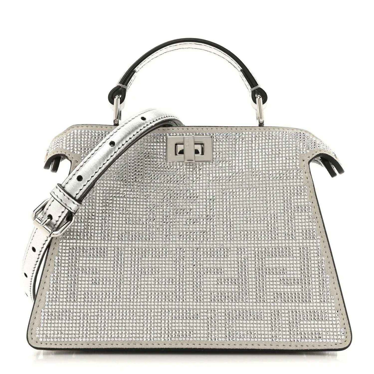 Crystal-embellished petite satchel bag with top handles and front square clasp, silver tone.