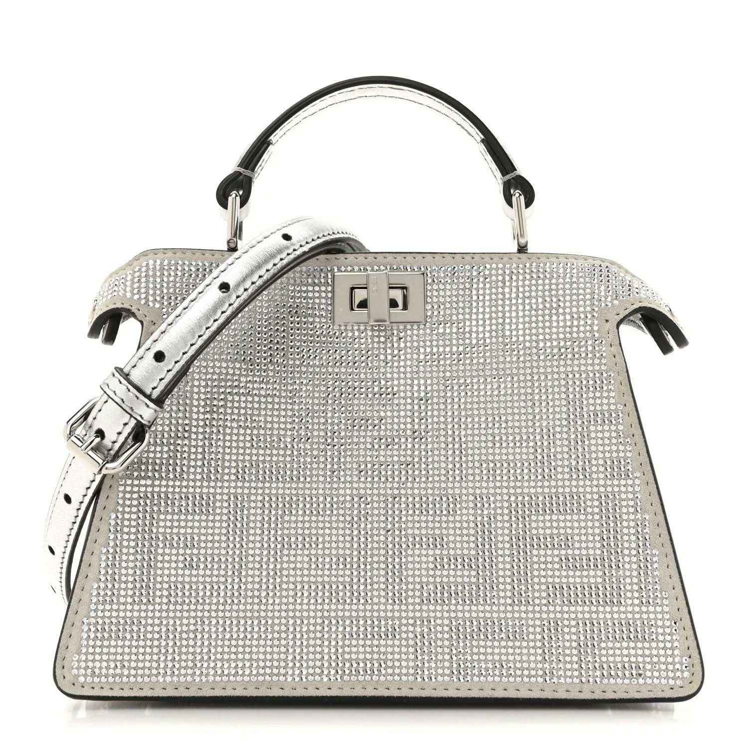 Crystal-embellished petite satchel bag with top handles and front square clasp, silver tone.
