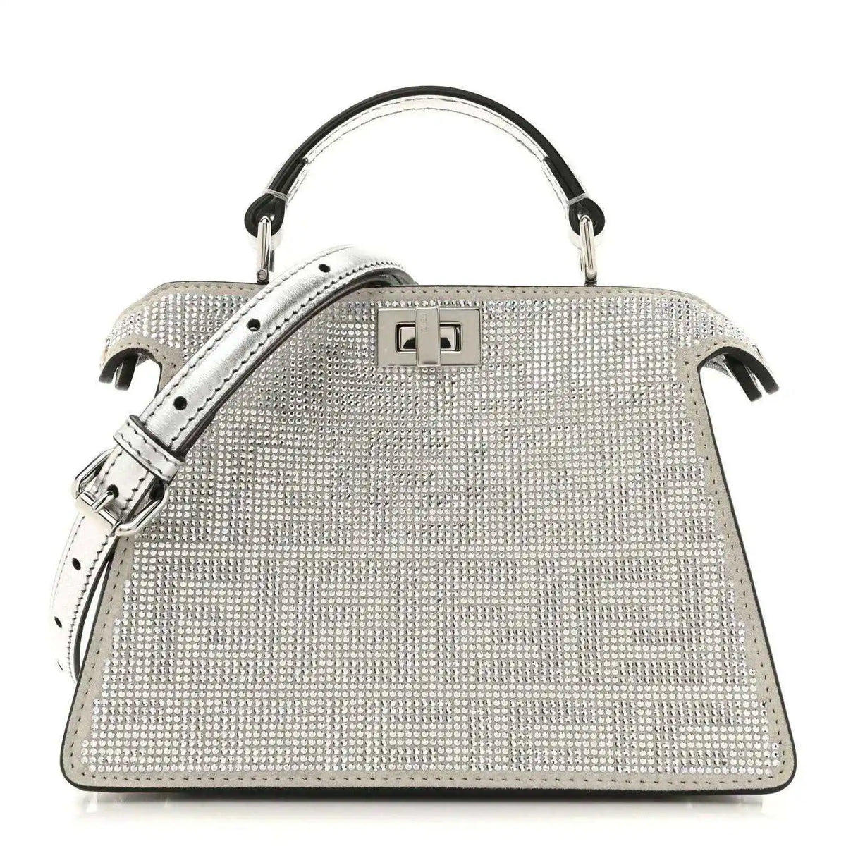Crystal-embellished petite satchel bag with top handles and front square clasp, silver tone.