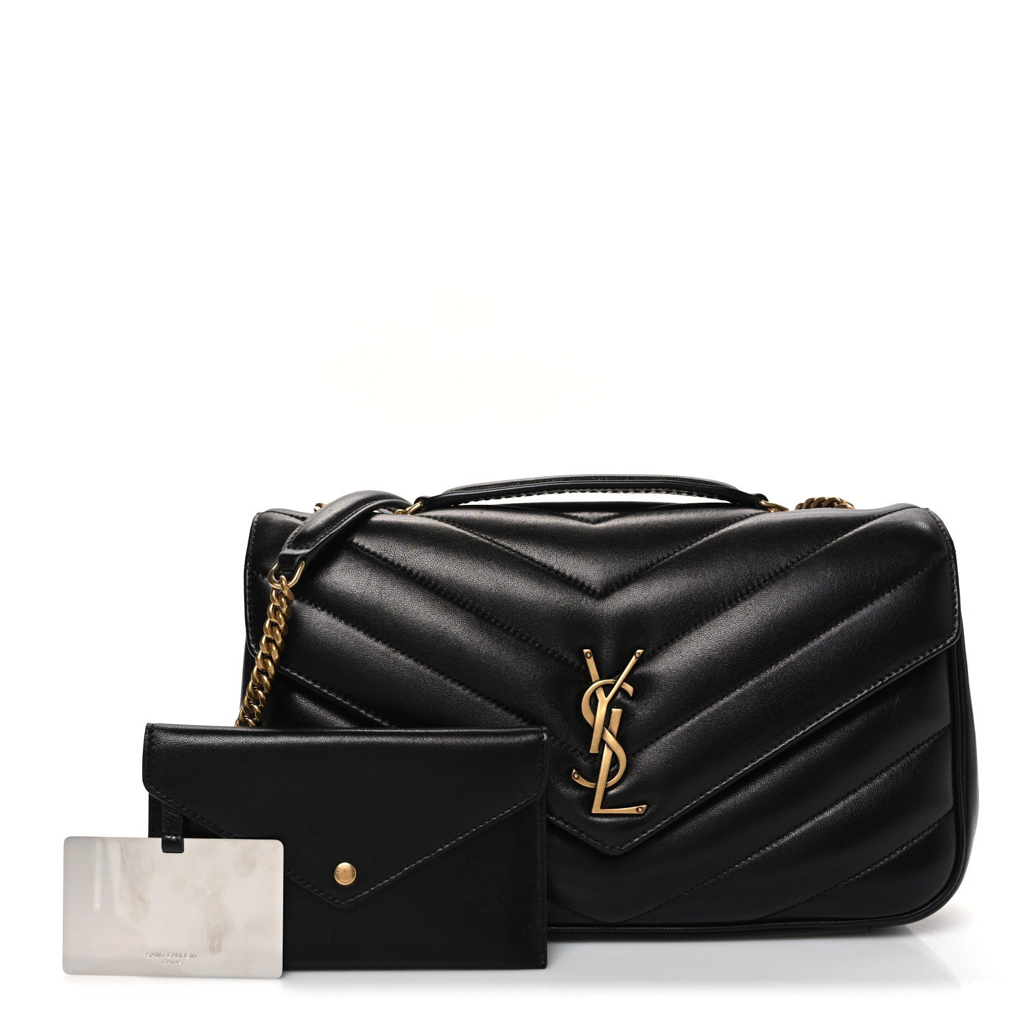Black lambskin chevron-quilted medium shoulder bag with YSL logo, chain strap, flap closure