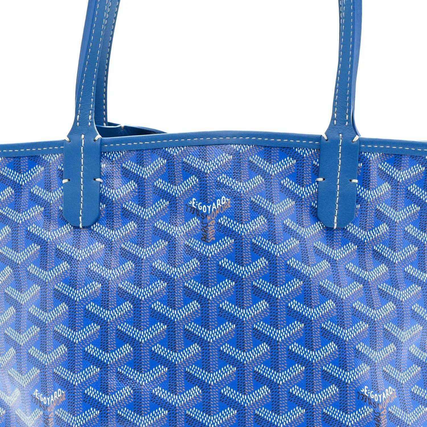 Mini reversible tote bag, sky-blue monogram canvas with blue leather handles and trim