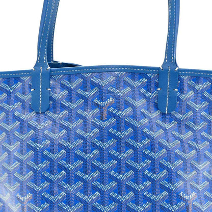 Mini reversible tote bag, sky-blue monogram canvas with blue leather handles and trim