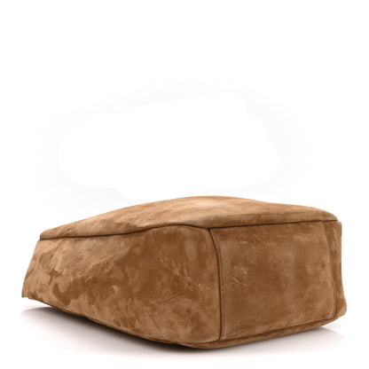 Suede hobo bag bottom, barley tan, rounded base with stitched panel