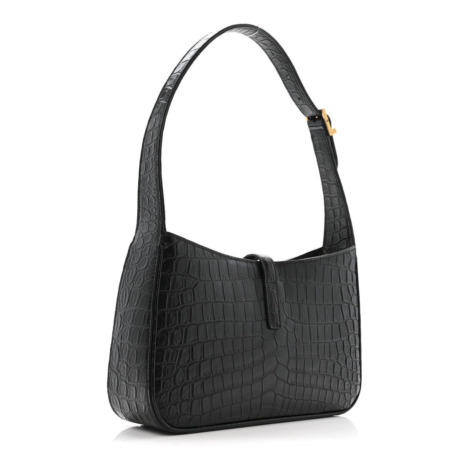 Black crocodile-embossed hobo bag with structured front and top handle.