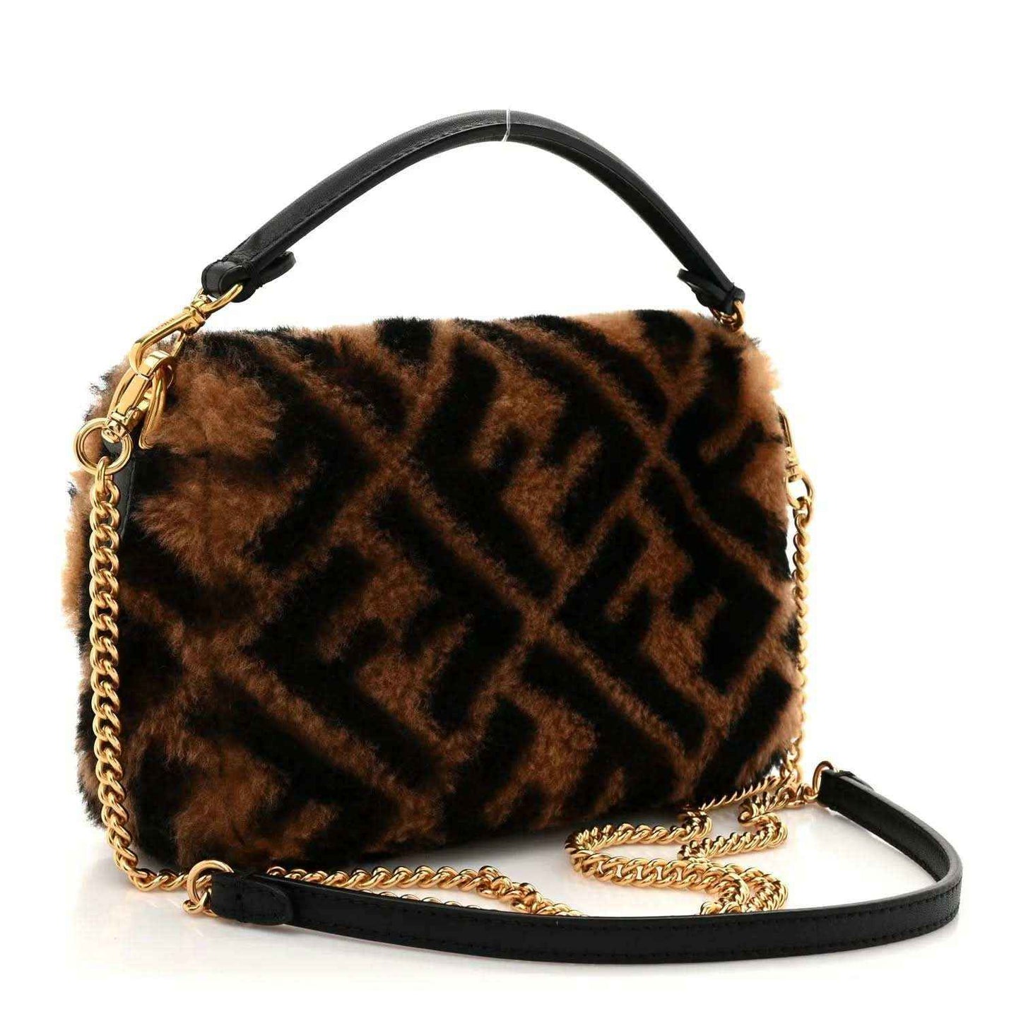 Shearling mini baguette shoulder bag with FF logo pattern, black strap and gold chain.
