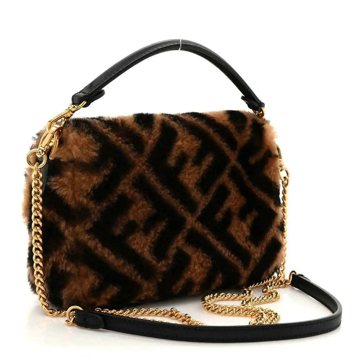 Shearling mini baguette shoulder bag with FF logo pattern, black strap and gold chain.