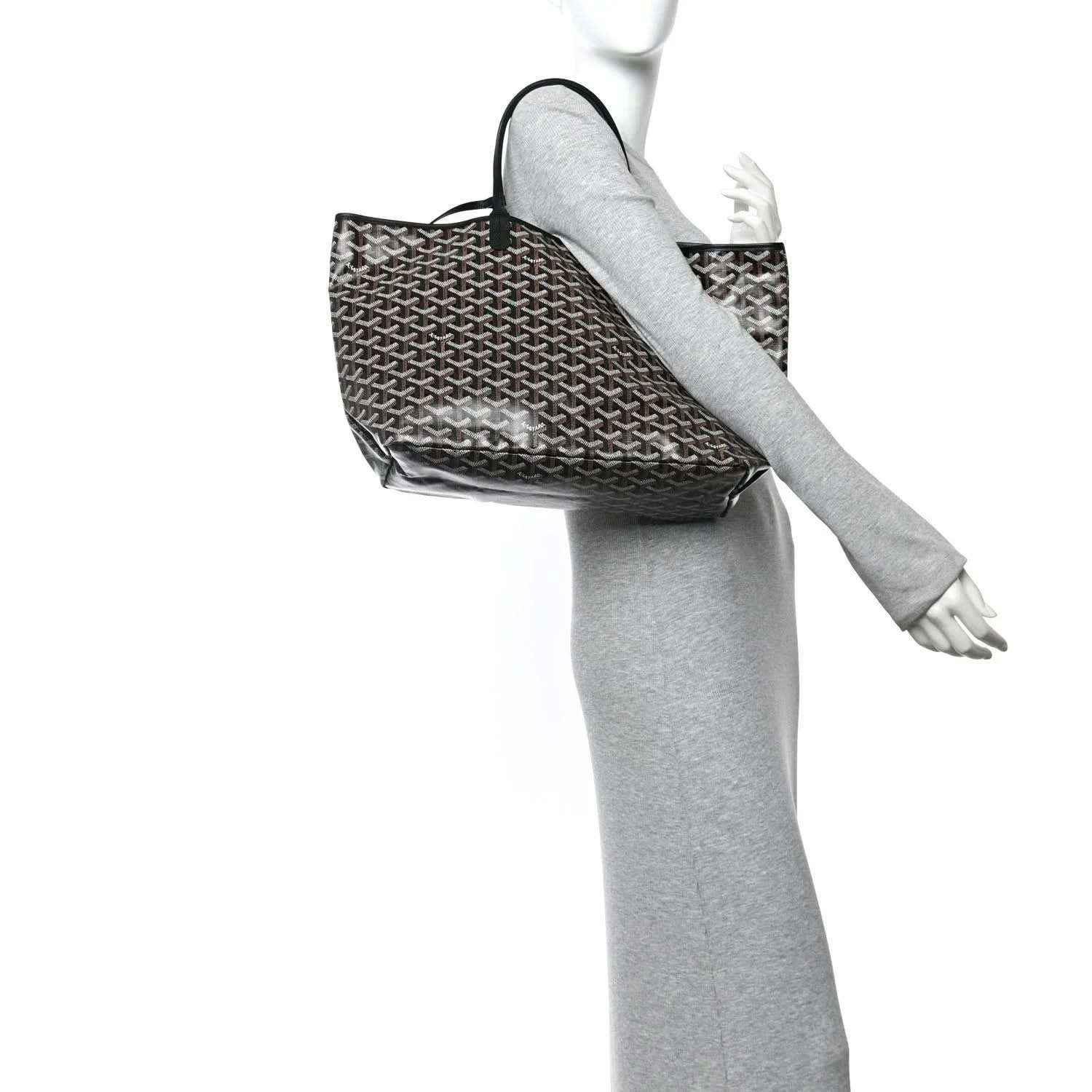 Goyard Saint Louis PM tote bag angled view, black coated canvas with two top handles