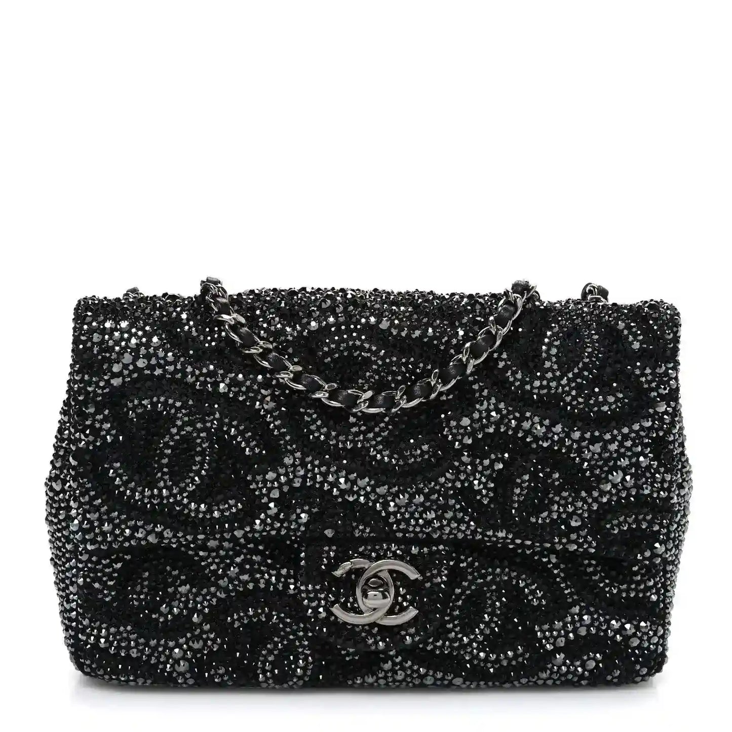 Black rhinestone small flap bag with CC logo, chain strap and top handle