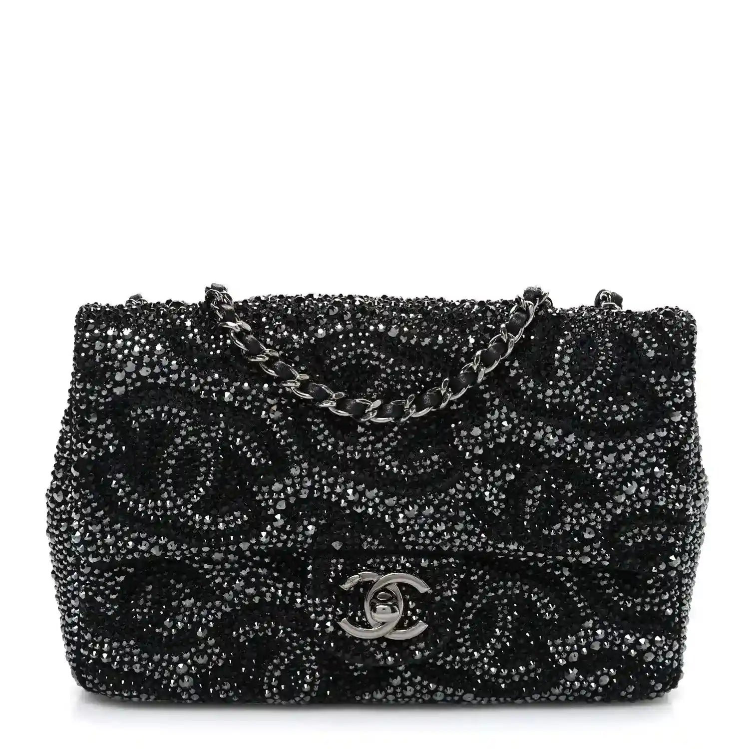 Black rhinestone small flap bag with CC logo, chain strap and top handle