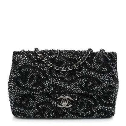 Black rhinestone small flap bag with CC logo, chain strap and top handle