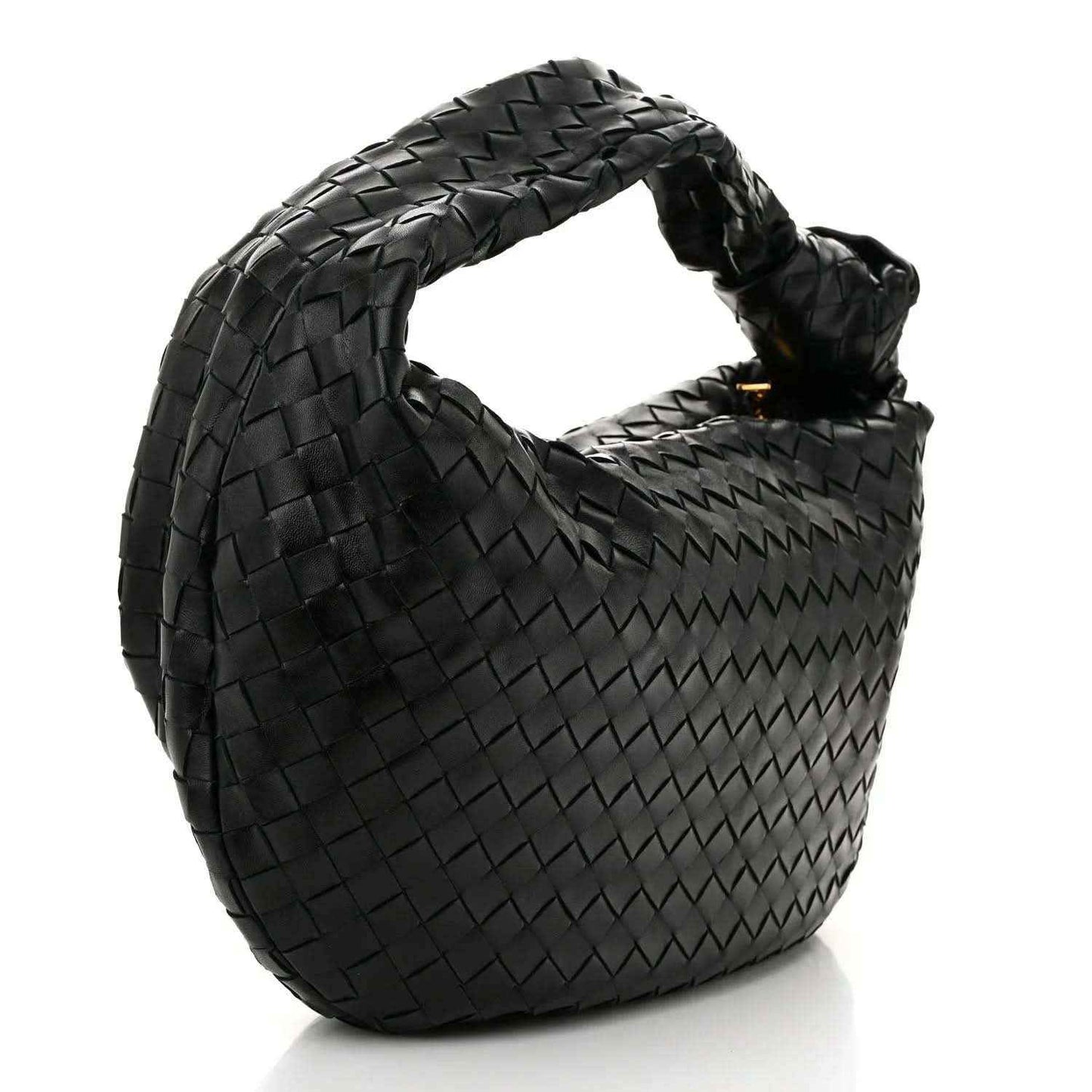 Small black leather intrecciato shoulder bag with curved hobo shape