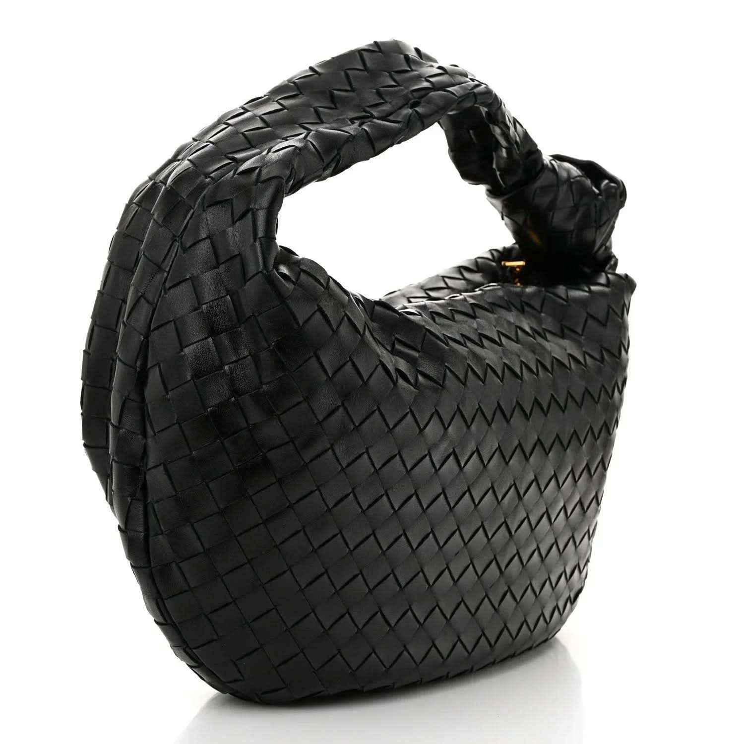Small black leather intrecciato shoulder bag with curved hobo shape