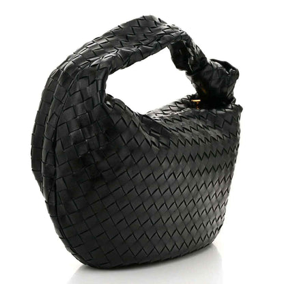 Small black leather intrecciato shoulder bag with curved hobo shape