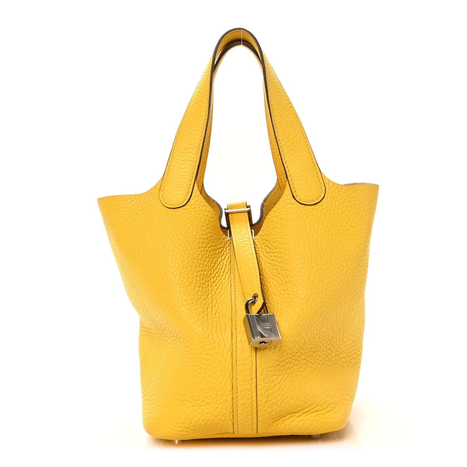 Lime yellow leather tote bag with zip top and metal lock closure, Picotin 18 PM